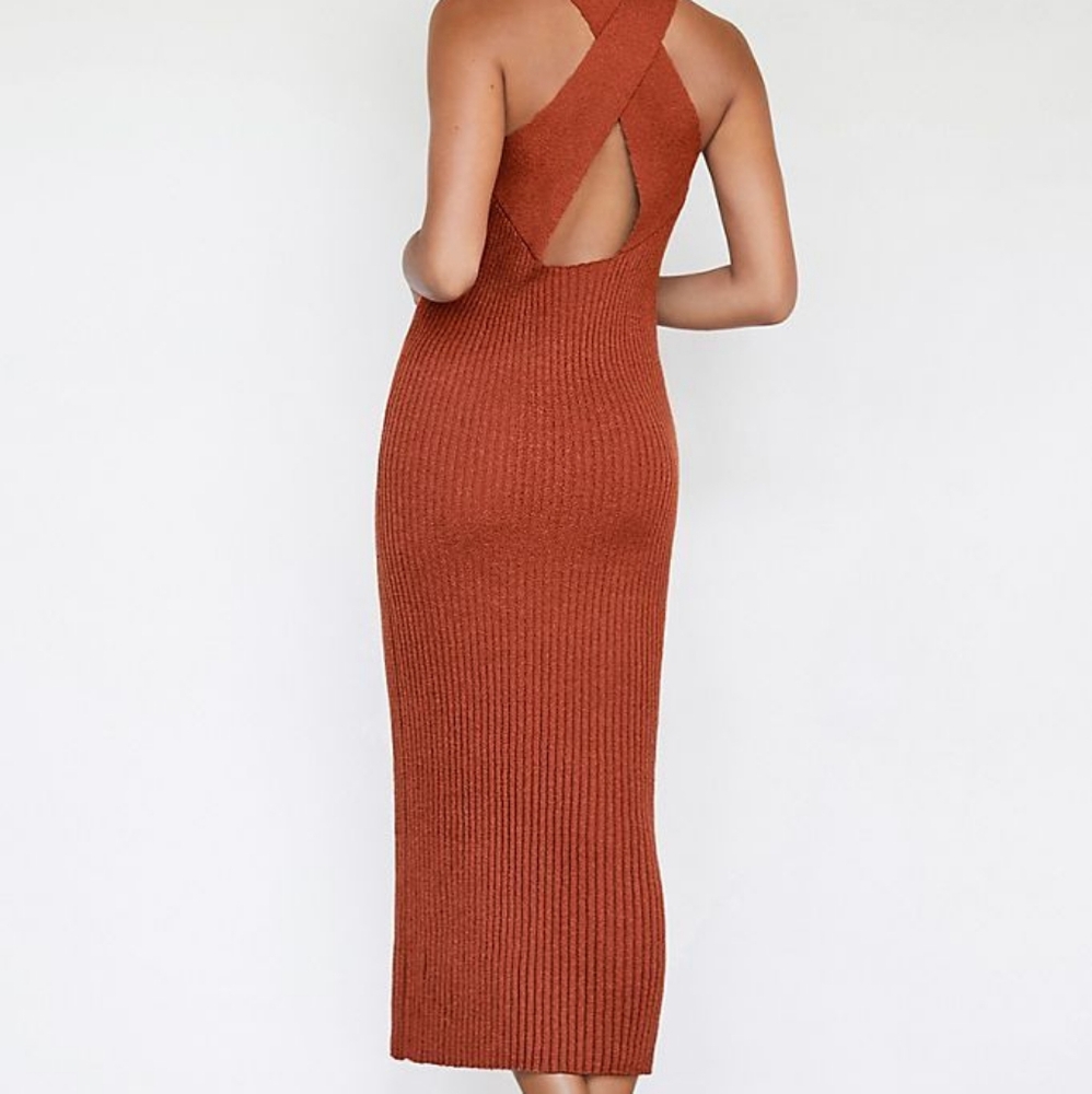Anthropologie Elle Ribbed Cross Back Rust Stretch Bodycon Dress, M